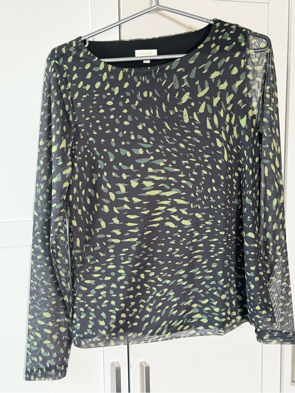 Laura Sheer Black Long-Sleeve Tee with Lime Green Print